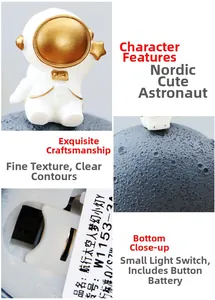 Detail view of astronaut lamp with moon base, gold helmet visor and bottom power switch