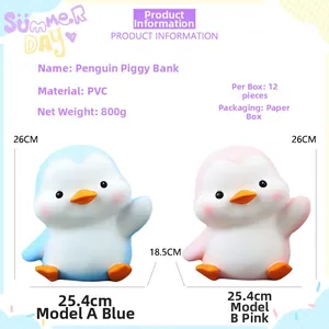 Detail specifications of penguin piggy bank showing vinyl material and large 26cm size
