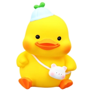 Cute yellow duck coin bank with blue sprout hat and white rabbit crossbody bag