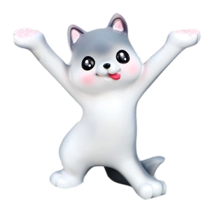 Cute cartoon husky pen holder in gray and white with raised arms on white background