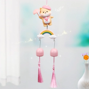 Cute Shiba Inu wind chime with pink umbrella, rainbow clouds and tassels for bedroom decor