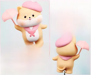Macro detail of cartoon animal figure in pink beret made of durable matte vinyl material