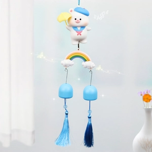 Cute white bear wind chime with rainbow pendant and blue tassels for room decoration