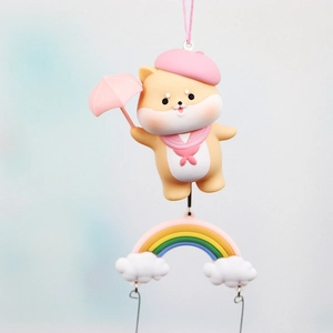 Cute cartoon animal wind chime with pink umbrella and rainbow decor for kids bedroom decoration