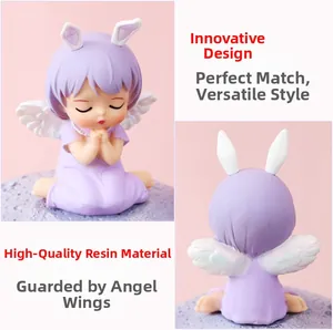 Detail shots of purple angel figurine with white wings and bunny ears made of vinyl