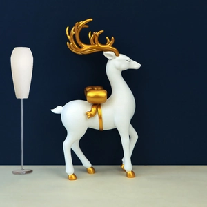Nordic white elk ornament with gold antlers on a deep blue background for home decor
