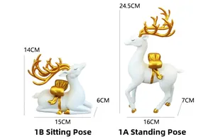 Detailed view of modern white elk statues with gold antlers and bow accents