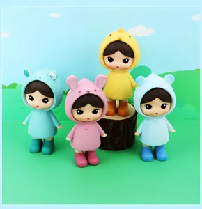 Set of four cute rainy day doll blind box figures in colorful raincoats on grass