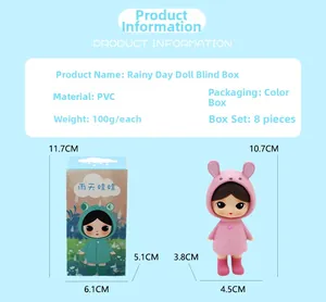 Detailed view of pink rabbit raincoat blind box doll with PVC material and dimensions