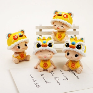 Adorno de Bebé Bobblehead de Resina de Estilo Chino Danza del León Sombrero de Tigre Figurilla de Salpicadero Decoración de Escritorio Regalo