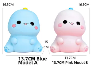 Dimensions détaillées pour tirelires dinosaures mignonnes bleu et rose, 15 cm et 16,5 cm