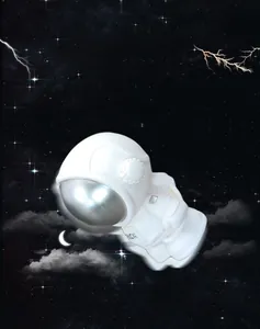 Detail of white astronaut piggy bank with silver visor and RICH text in space setting