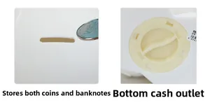 Detail of white astronaut piggy bank showing top coin slot and bottom twist opening