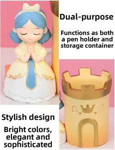 Detail of princess castle pencil holder and stationery organizer for desk storage