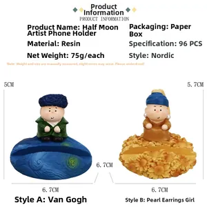 Detail view of Van Gogh and Girl with a Pearl Earring resin phone stands with dimensions