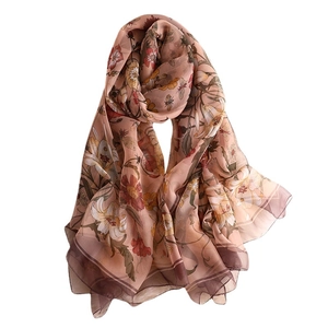Vintage floral long silk scarf with pink lily and dragonfly print for beach sun protection