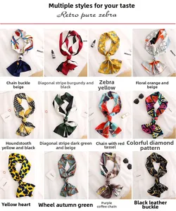 Detailed grid of narrow scarves featuring chain, floral, and houndstooth patterns