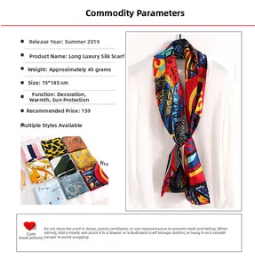 Detail view of colorful printed silk scarf on white shirt with specific size parameters
