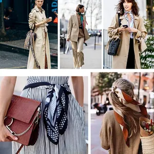 Chic satin scarf styling guide showing vintage patterns used as neckties and hair ribbons