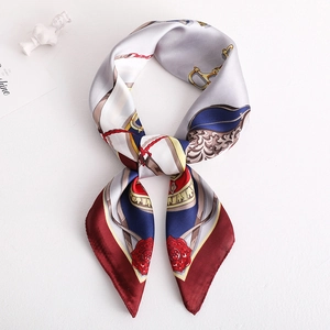 Elegant vintage silk-like square scarf with chain and floral print in neutral tones