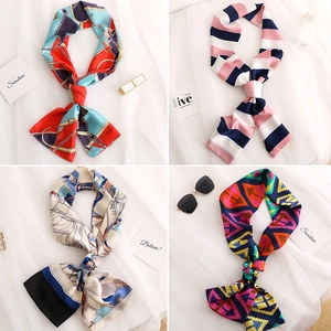 Silk-like long skinny scarves with chain and geometric patterns for women's fashion