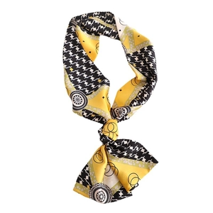 Long yellow and black houndstooth twilly silk scarf with geometric ring patterns