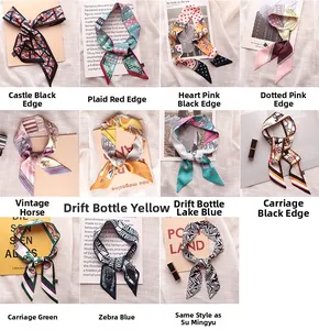 Detailed grid of long silk scarves featuring floral, polka dot, and vintage patterns