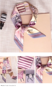 Detail of silk twilly scarf with pink and purple horse print and geometric patterns