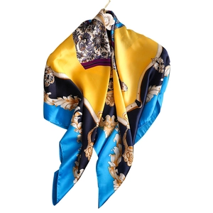 Elegant baroque print silk scarf with chain patterns in yellow blue and black