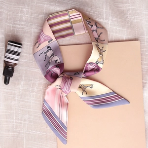 Elegant floral horse print long skinny scarf in pastel pink and purple silk texture