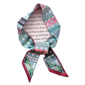 Silk-like long skinny twilly scarf with colorful geometric and bohemian floral patterns