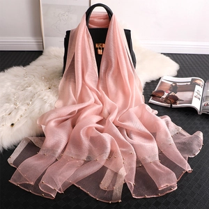 Women Elegant Satin Shawl Scarf With Beaded Edge Metallic Thread Thin Sun Protection Lightweight Pashmina Accessories