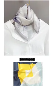Detail of silk-like scarf with floral prints and modern geometric navy yellow patchwork