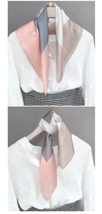 Detail showing two styling ways of a geometric color-block silk scarf on a white shirt