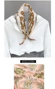 Detailed view of sunflower print silk scarf with fine texture and rolled hem edges
