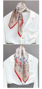 Close-up of silk scarf with floral patterns and red borders in various knot styles