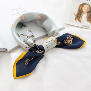 Elegant Square Satin Scarf Flower Shell Print French Vintage Hair Band Neck Head Scarf For Women