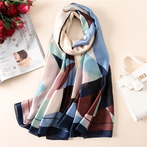 Elegant geometric color-block silk scarf for women in blue and pink tones