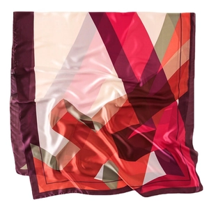 Elegant geometric faux silk square scarf featuring burgundy and pink color block patterns