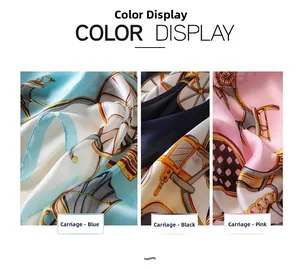 Detailed close-up of retro carriage print silk scarves in blue, black, and pink colors