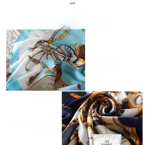 Detailed macro view of silk-like scarf featuring classic carriage and chain patterns