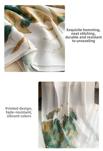 Detail of neat edge stitching and vintage lotus print on elegant silk-feel scarf