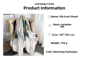 Detailed view of faux silk scarf with green lotus leaf print and overlock stitching craft