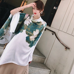 Elegant white silk-like shawl with large lotus print for women outdoor sun protection
