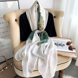 Elegant Lotus Print Faux Satin Shawl Large Soft Sun Protection Scarf For Women Vintage Floral Botanical Pattern