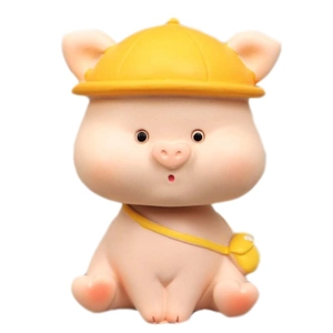 Cute nodding pig car dashboard ornament with yellow hat and bag on white background