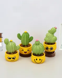 Four creative cactus bobblehead figurines with unique expressions on yellow pots