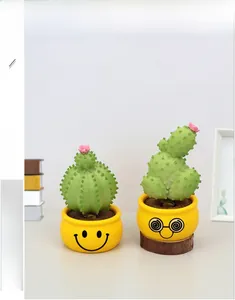 Exquisite cactus dashboard ornaments with pink flowers and yellow ceramic face pots