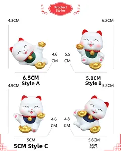 Detailed dimensions of four white Maneki Neko ceramic cat figurines in various poses