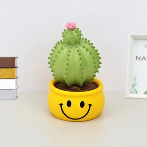Creative cactus bobblehead with a smiling face yellow base for car dashboard decor